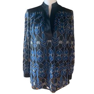 Tory Burch Harbor Blouse Black Blue Tribal Lace Split Neck Tunic Top Size S/P